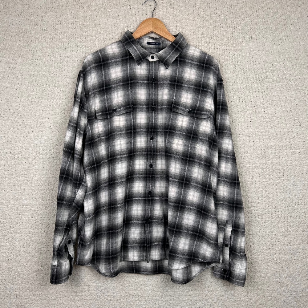 Lucky Brand Flannel Shirt Mens XXL Black White Plaid Classic Long Sleeve Hipster
